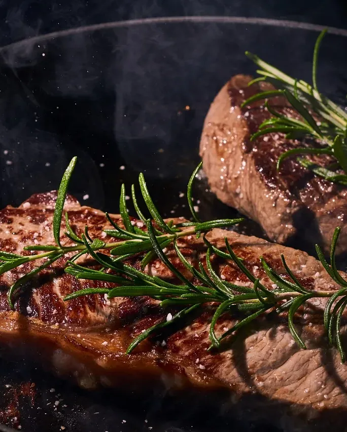 Zwei Rindersteaks mit Rosmarin in einer heißen, dampfenden Gusseisenpfanne